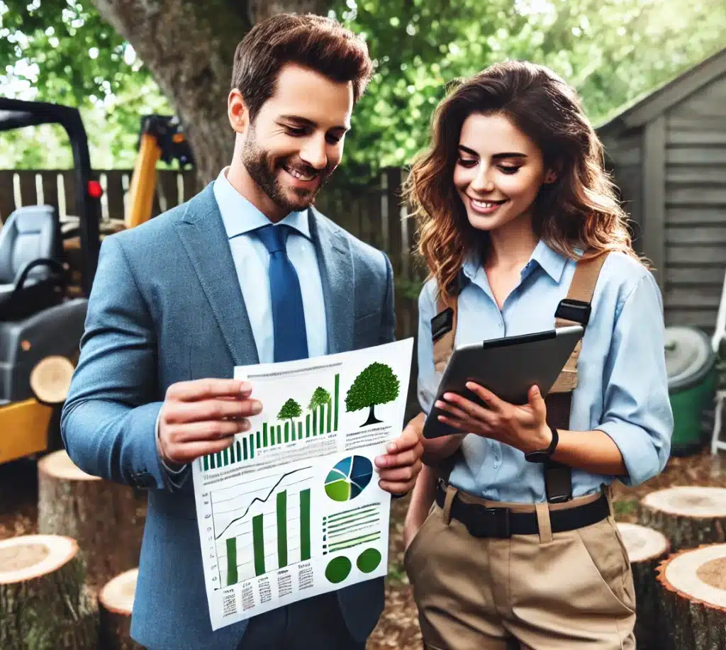 Tree service marketing consultants reviewing reports and strategies during a consultation session, showcasing lead generation and growth strategies for tree care businesses.